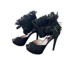 Michael Kors Vasha size 7.5  feather ankle strap suede silettos pumps